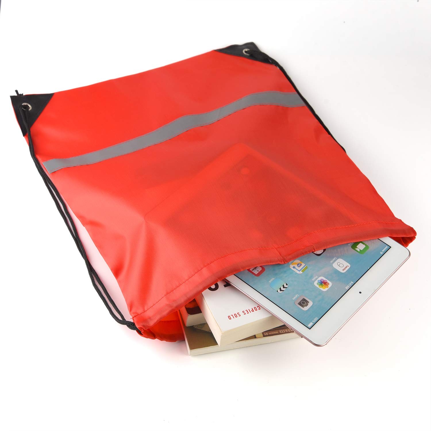 12 PCS Red Drawstring Backpacks Reflective Strips Polyester 15.7×13.4 Inch