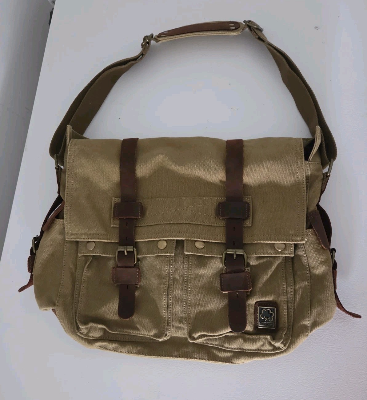 S.C. Cotton Canvas Messenger Laptop Bag Khaki Leather Trim Crossbody Satchel 17″