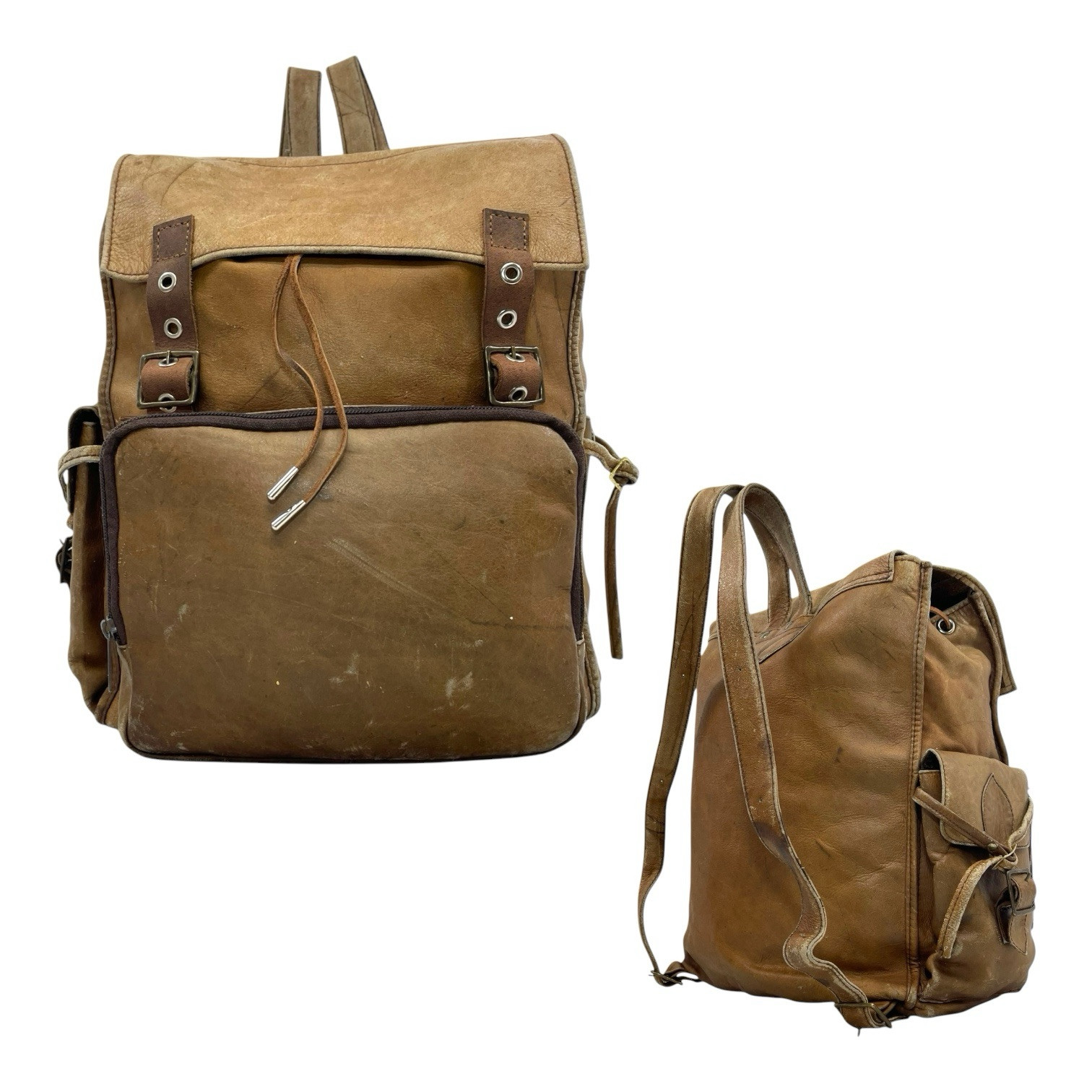 Vintage 70s 80s HERÓN Heavy Leather Backpack Shoulder Bag Rucksack Distressed