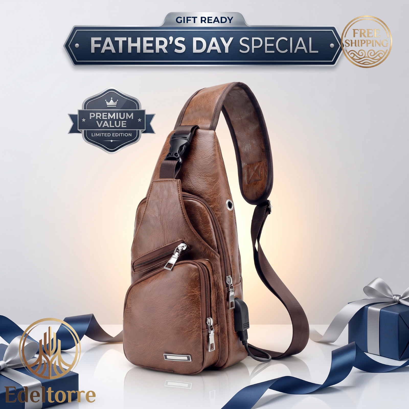 Father’s Day Gift Men’s Crossbody Sling Bag Brown PU Leather USB Waterproof