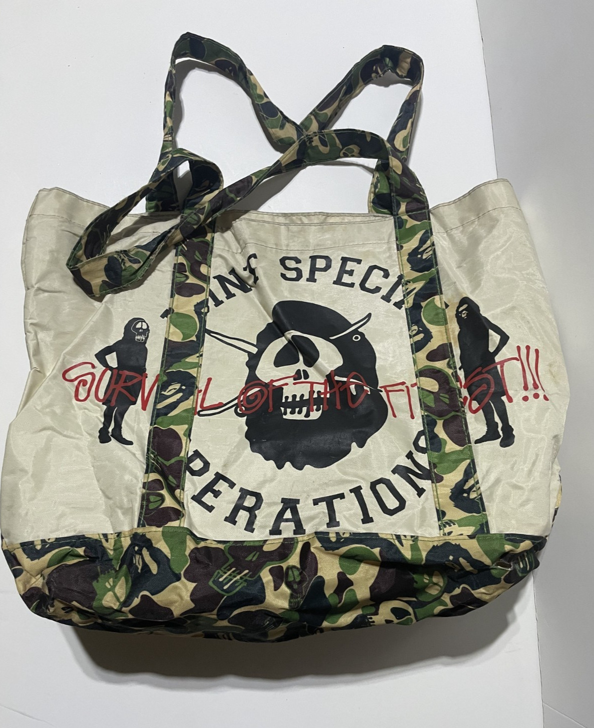 A BATHING APE BAPE × Stussy Nylon Tote Bag Pouch Beige camouflage Band Rare FS