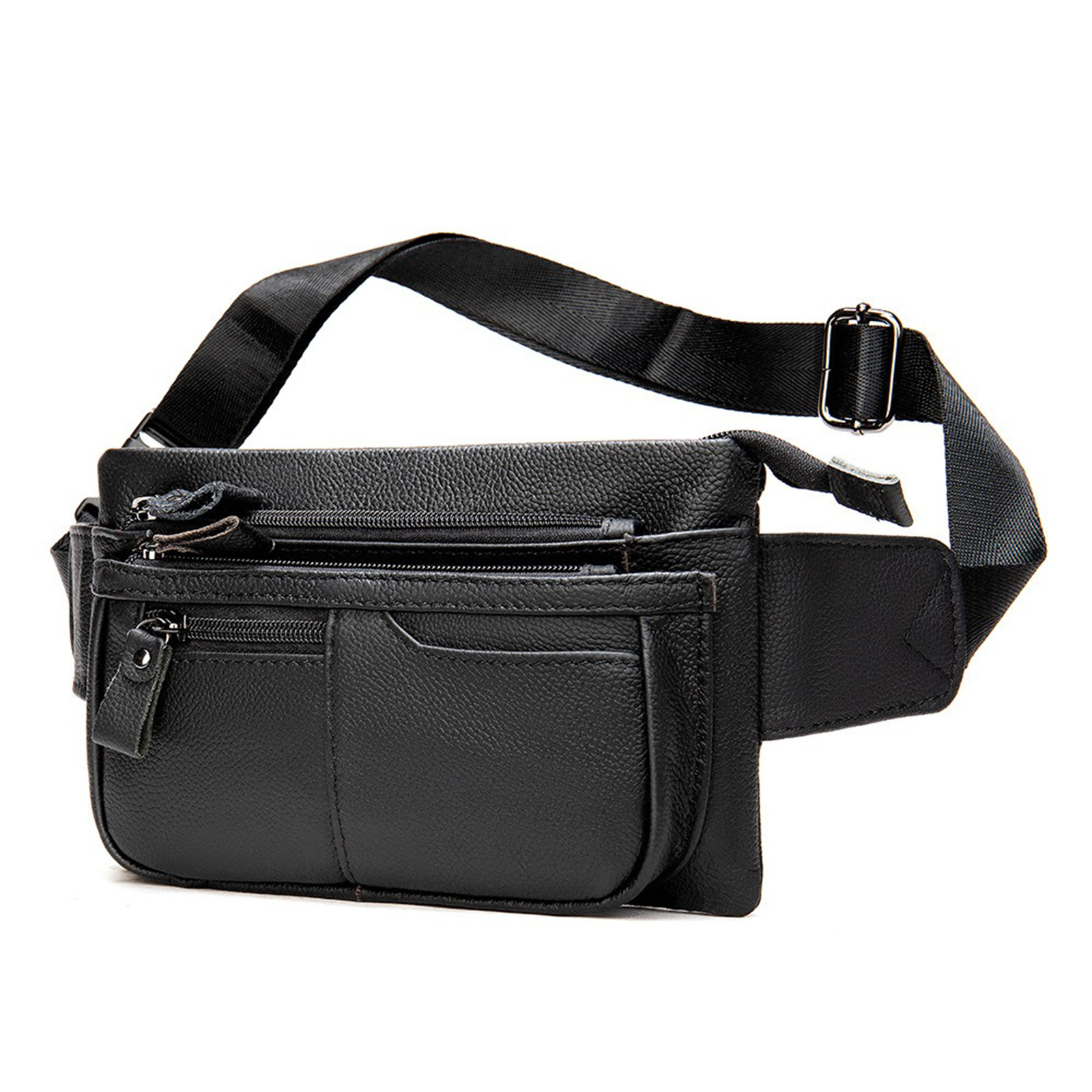 Mens Leather Waist Bag Full Grain 24cm Adjustable Strap Multiple Pockets