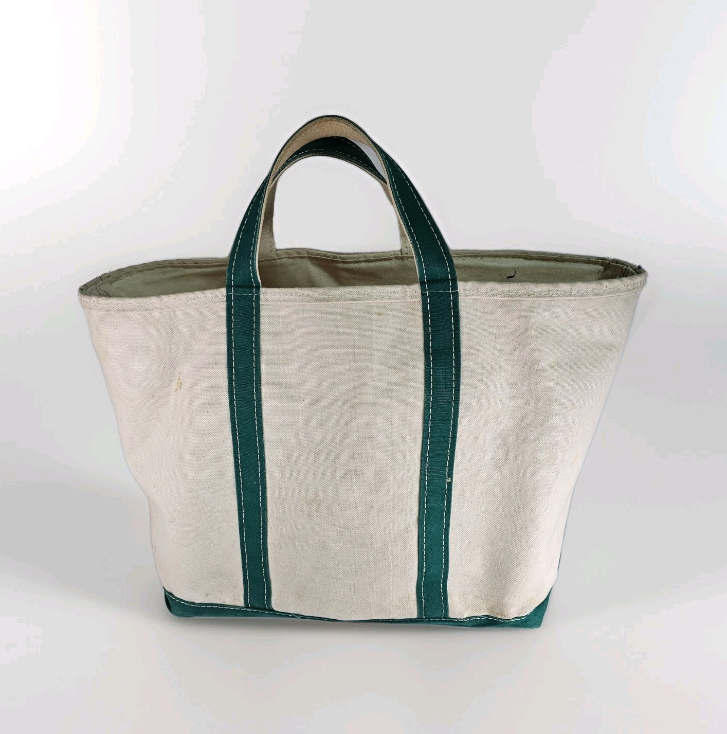 Vtg LL Bean Boat And Tote Bag Canvas Green Zip Top Heavyweight Large 21x13x7