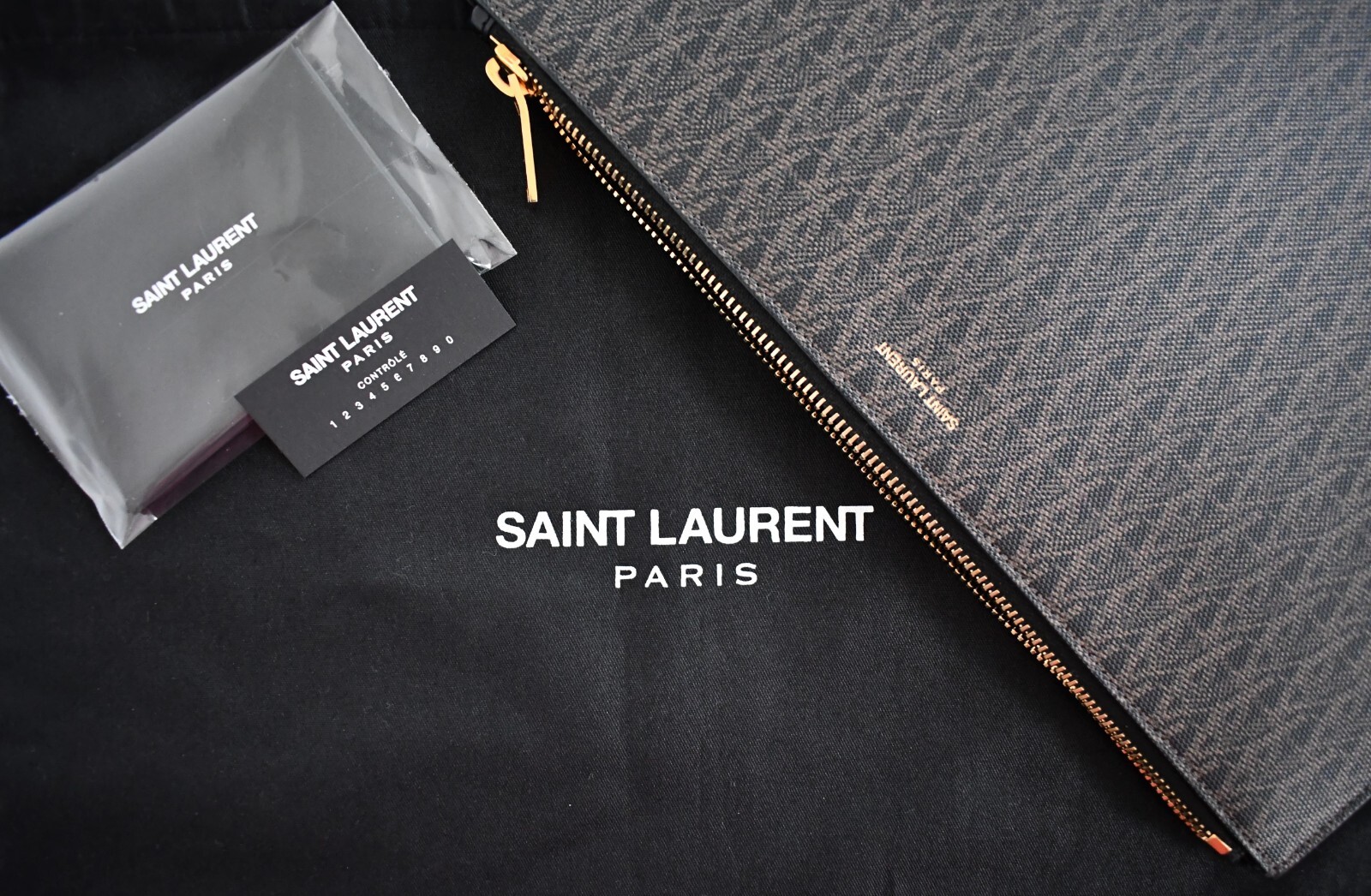 SAINT LAURENT Classic TOILE Black Dark Brown Coated Canvas Clutch Zip Pouch