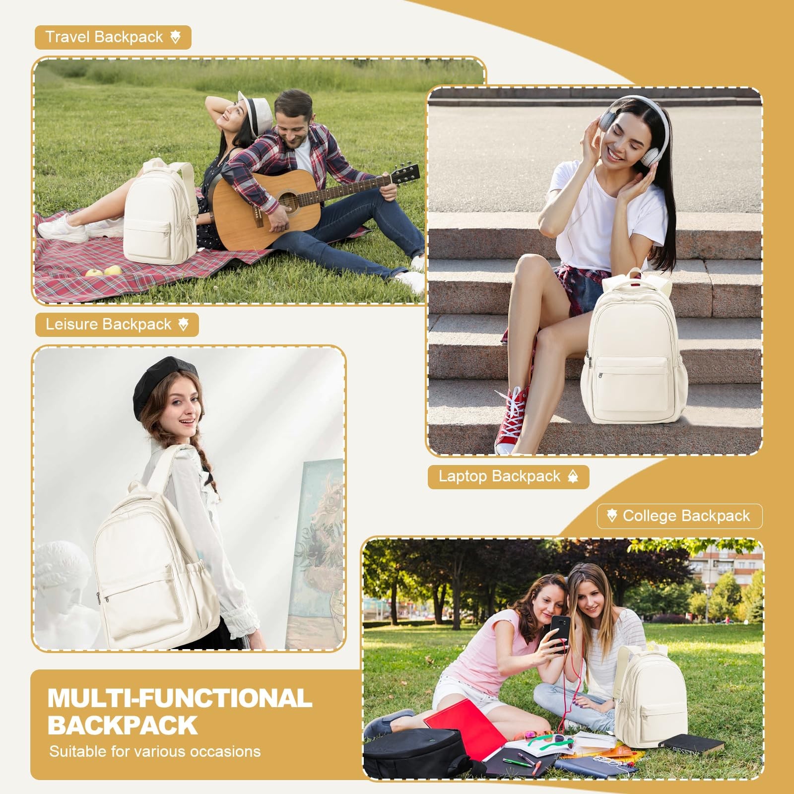 Beige Lightweight School Backpack, Laptop, Travel Daypack, College, Teen, Boys