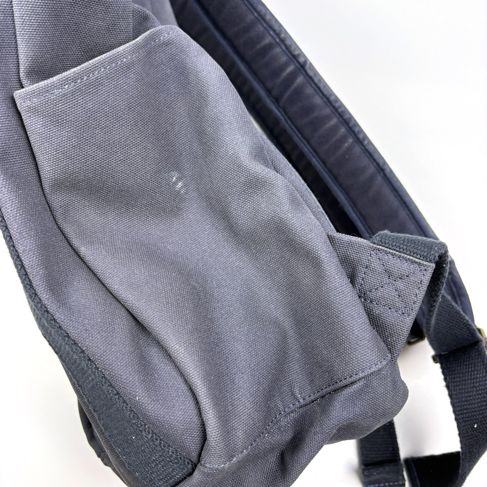 Lands End Waxed Canvas Backpack Navy Blue Leather Straps Padded Outdoors Daypack