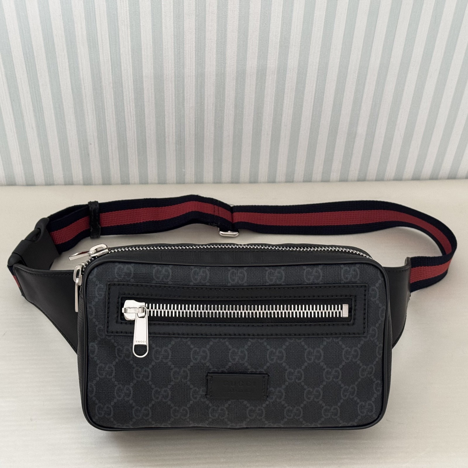 GUCCI GG Supreme Belt Bag 474293 Black Grey Canvas Leather Web Strap Crossbody