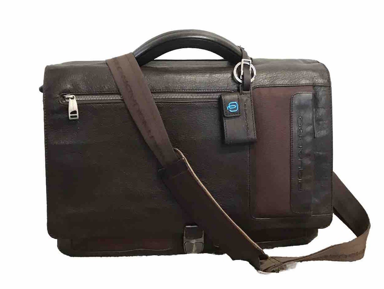 Piquadro Laptop Messenger Bag Brown Leather Fabric DZ8344 Expandable 16x12x5