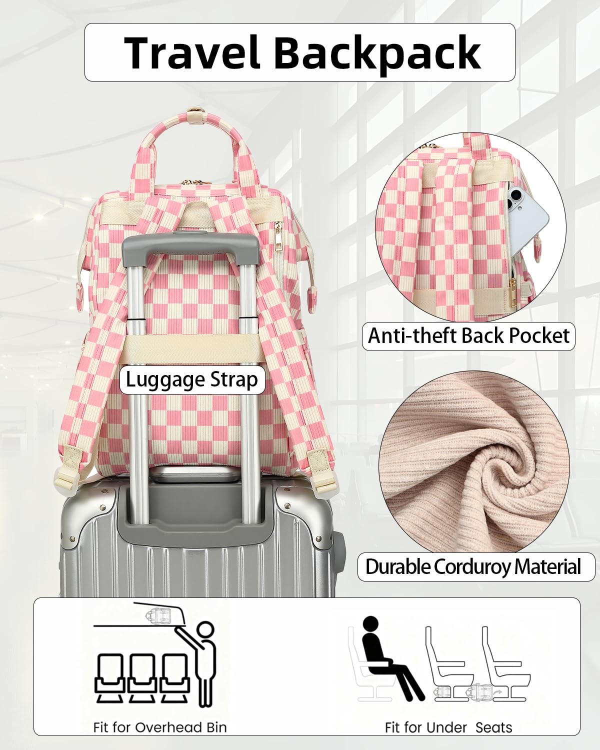 Corduroy Laptop Backpack High School Bookbag 15.6 Inch Checkered Pink