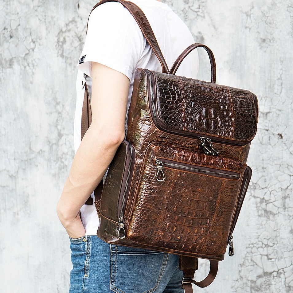 Top Cowhide Leather Men’s Backpack Crocodile Pattern Travel Bag 30 x 10.5 x 39cm