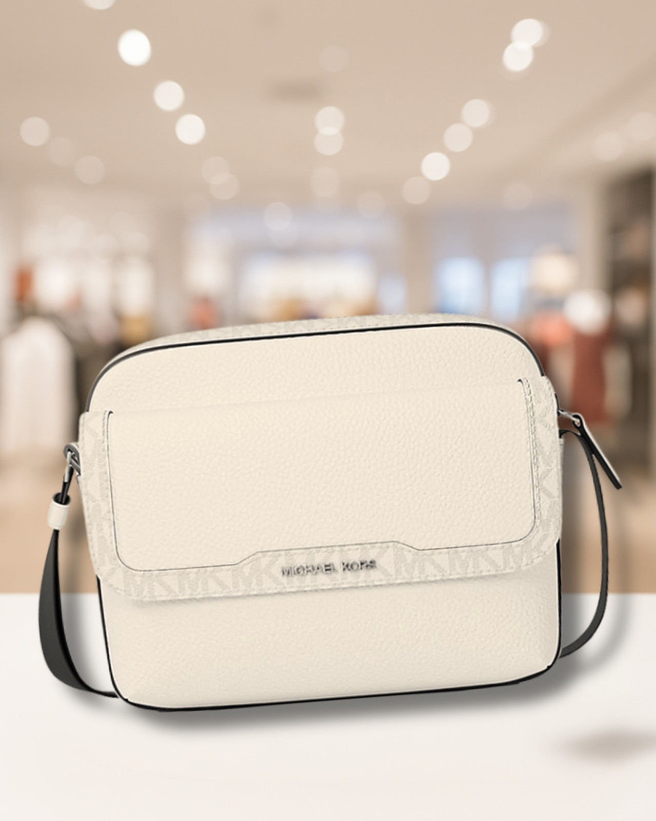 Michael Kors Cooper Medium Leather & Logo Flap Camera Crossbody Bag Bright White