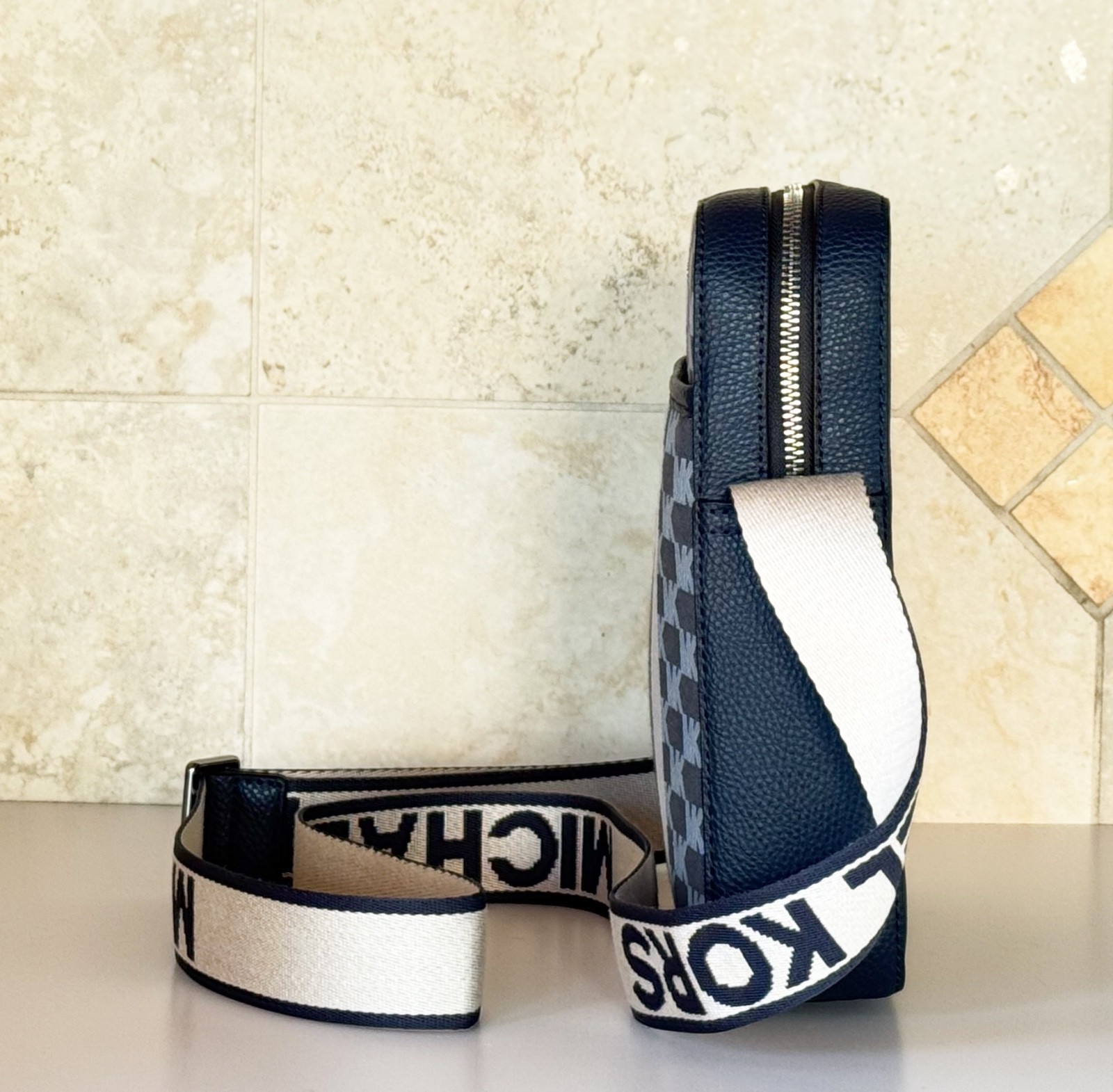 Michael Kors Cooper MD Shoulder Crossbody Flight Bag MK Center Stripe Navy Multi