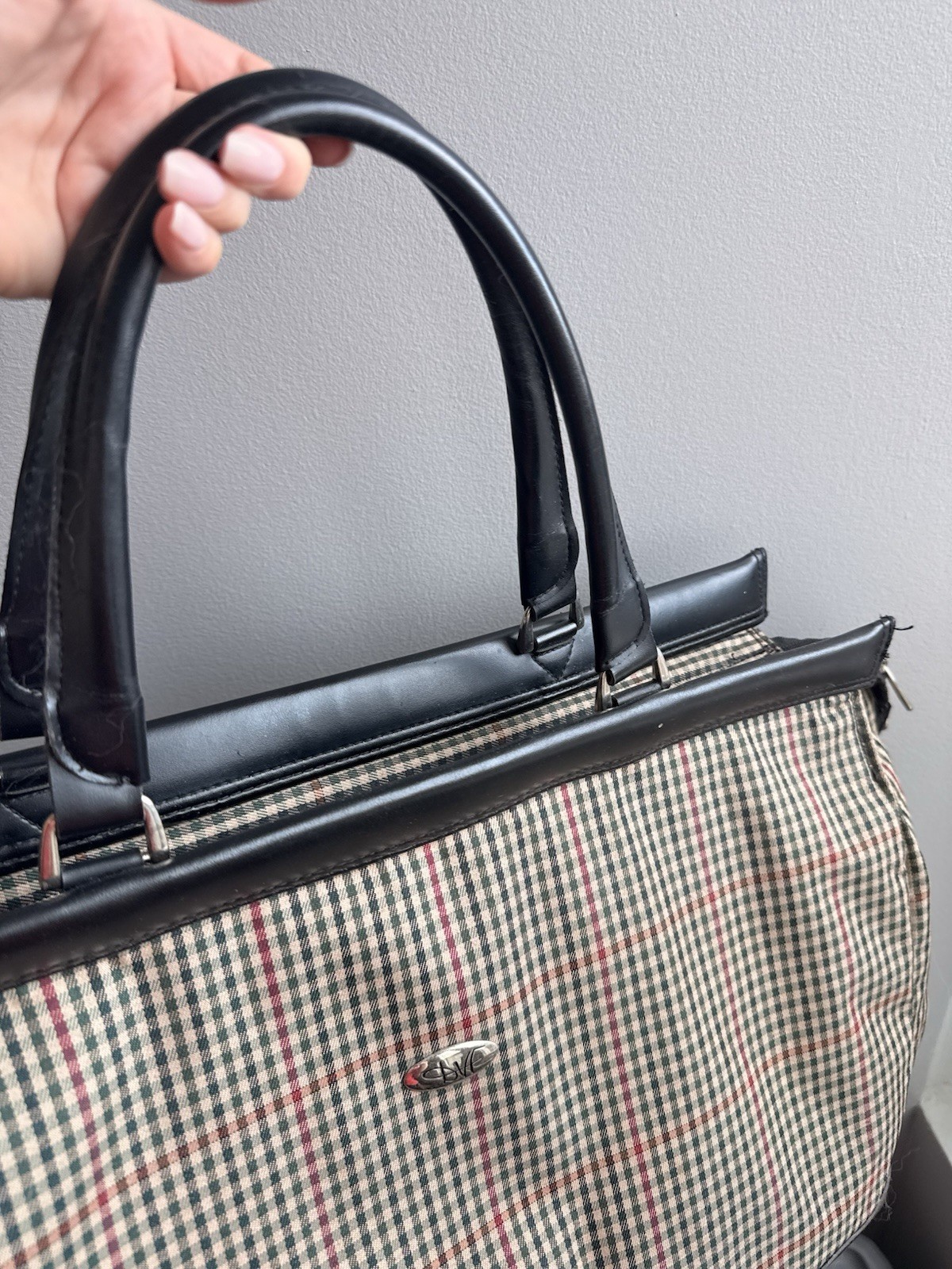 DVF Checkered Vintage Bag, Leather Handles, Zip, Black Beige Red Green