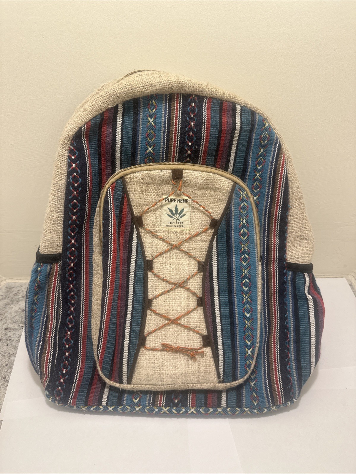 PURE HEMP THC FREE MULTICOLOR WOVEN TRAVEL BACKPACK BAG WITH POCKETS