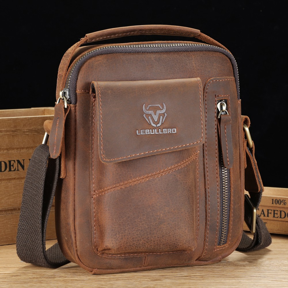 Men’s Sling Shoulder Messenger Bag Crazy Horse Genuine Leather Zipper Handbag