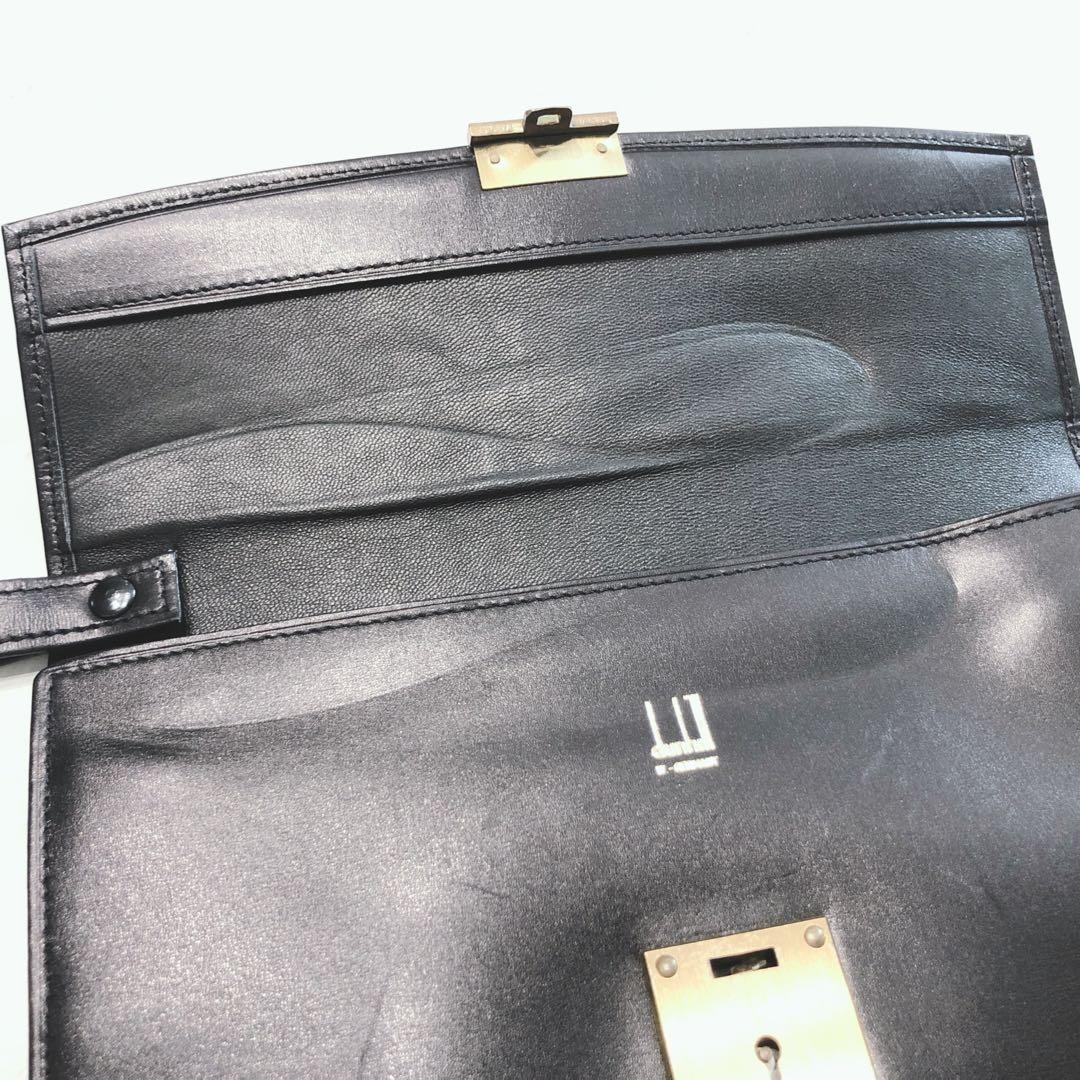 Dunhill Flap Clutch Bag Second Bag Black Leather Lock & Key Wrist Strap Men’s