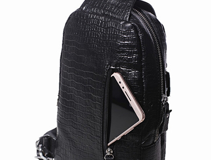 Genuine Leather Sling Backpack Black Men’s Crossbody Chest Bag Crocodile Pattern