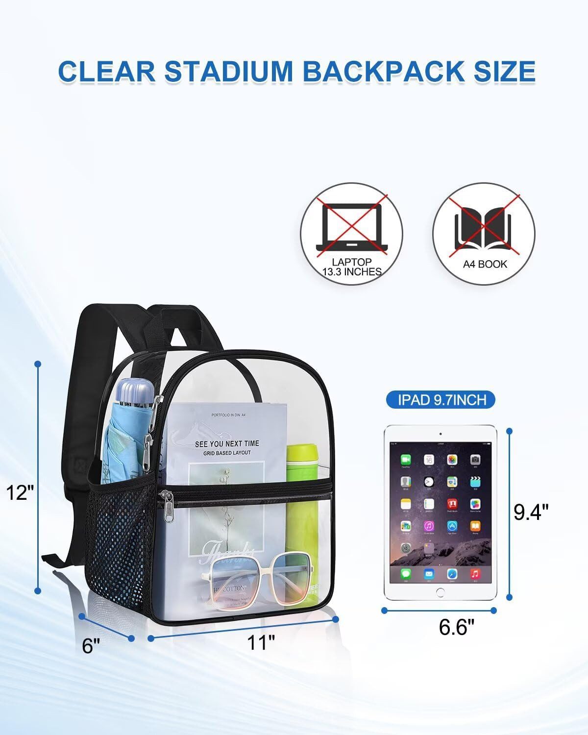 Clear Backpack for Stadium Events, 12X12X6 Small Clear Plastic Bag with Reinforc