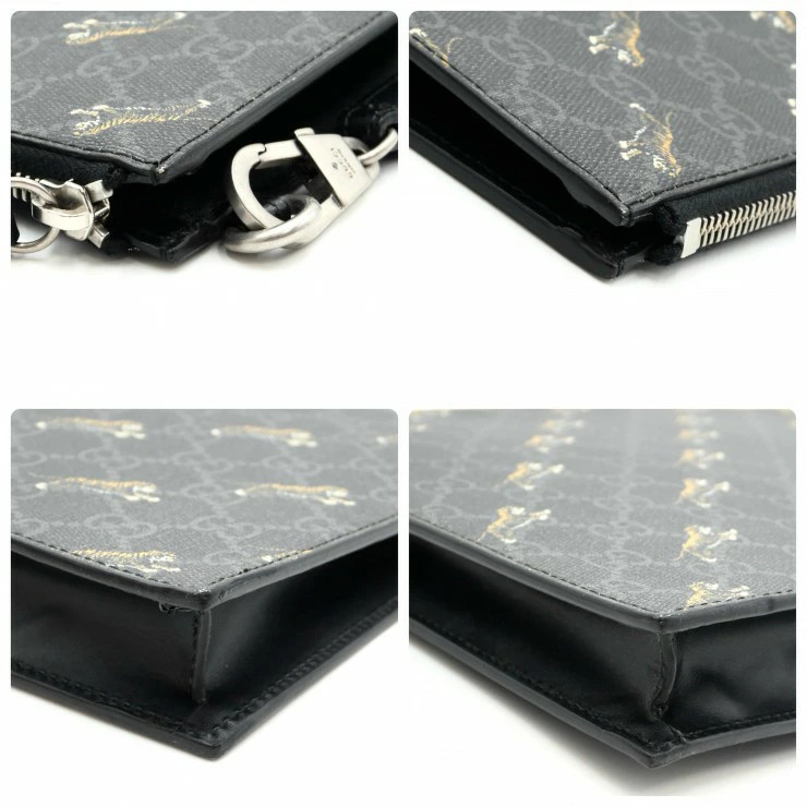 Gucci GG Supreme Tiger Print Clutch Bag Pouch Black PVC Leather Used