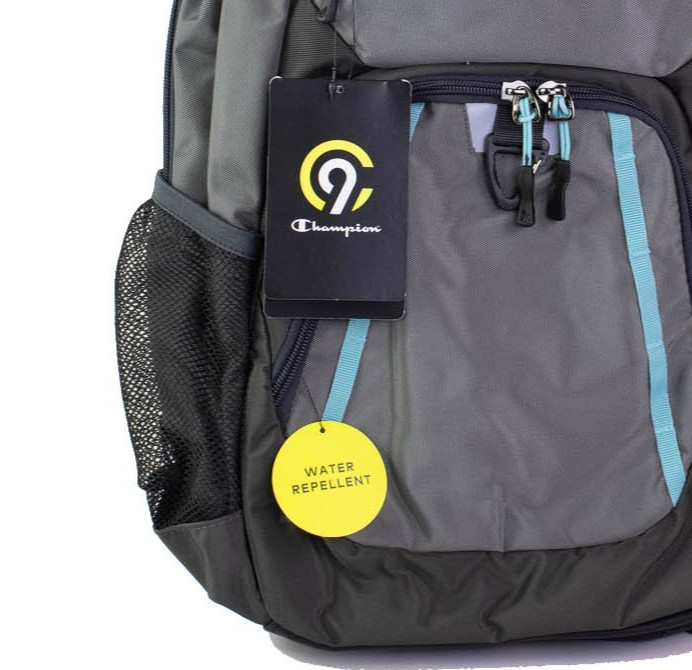 Champion NWT Water Repellent Backpack Gray Teal Laptop Cooler Pocket 18.5×11.5