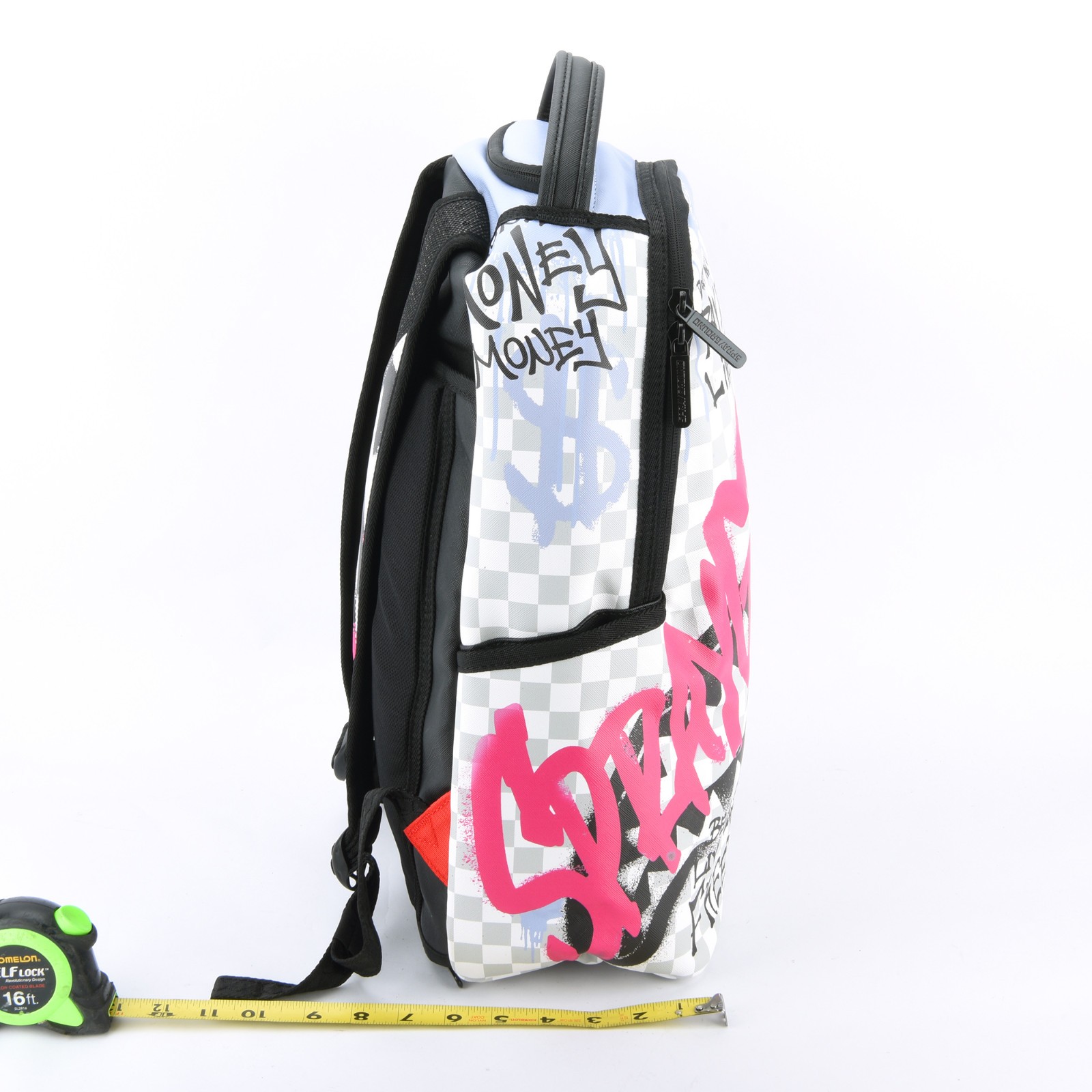 Sprayground Shark Poetry Dlxsv Leather Backpack Zippered Unisex Plaid Pink Gray