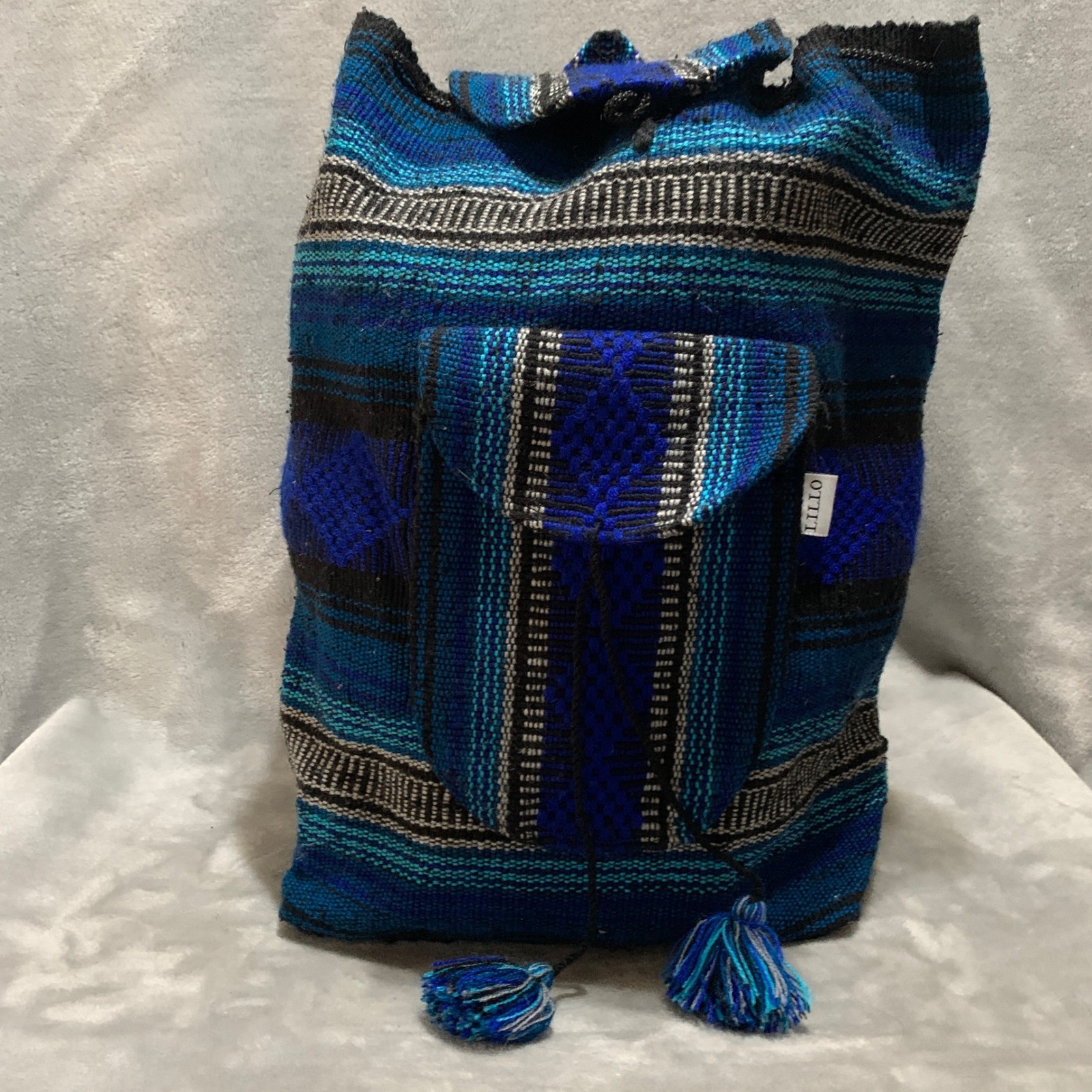 Lillo Woven Drug Rug Backpack Blue Black Striped Boho Drawstring Rucksack
