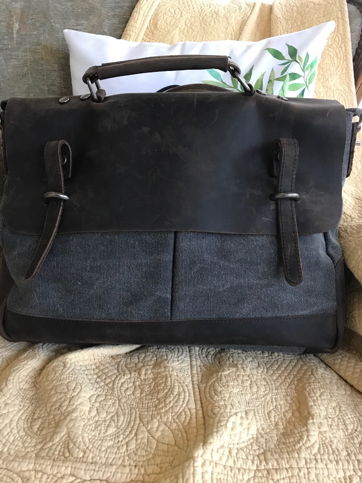 Mad Style Black Canvas Bag With Distressed Genuine Brown Leather