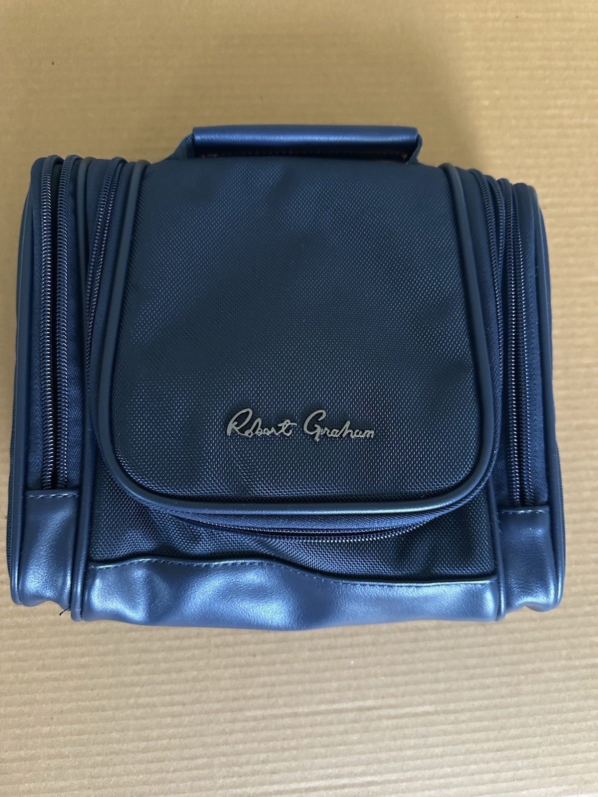 Robert Graham Navy Blue Toiletry Bag W/ Leather Details And Gun Metal Hardware ￼