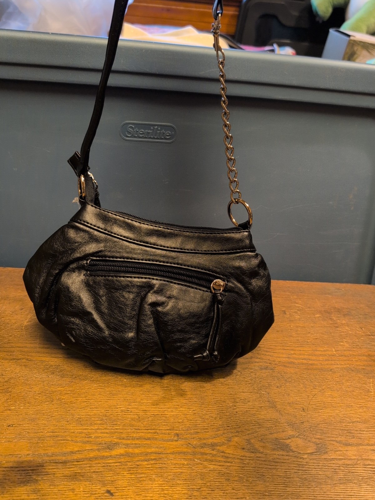 Shiny Black Faux Patent Leather Shoulder Bag Multiple Pockets Studded Accents