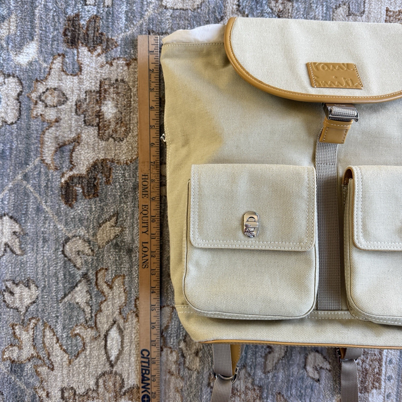 Paul Smith Canvas Backpack In Sand Beige Cotton Linen Blend Leather Trim $675