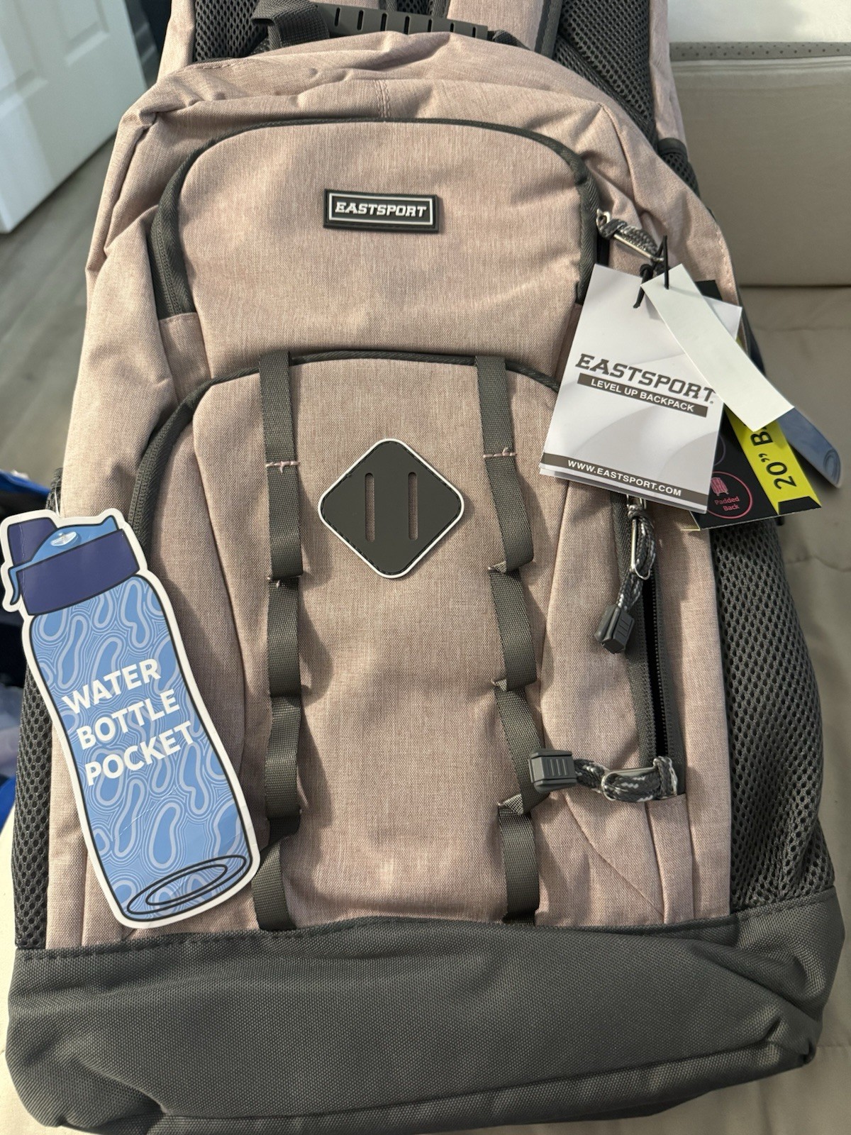 Eastsport Gray Backpack Zip Closure w/ Water Bottle Pocket Travel Casual Men