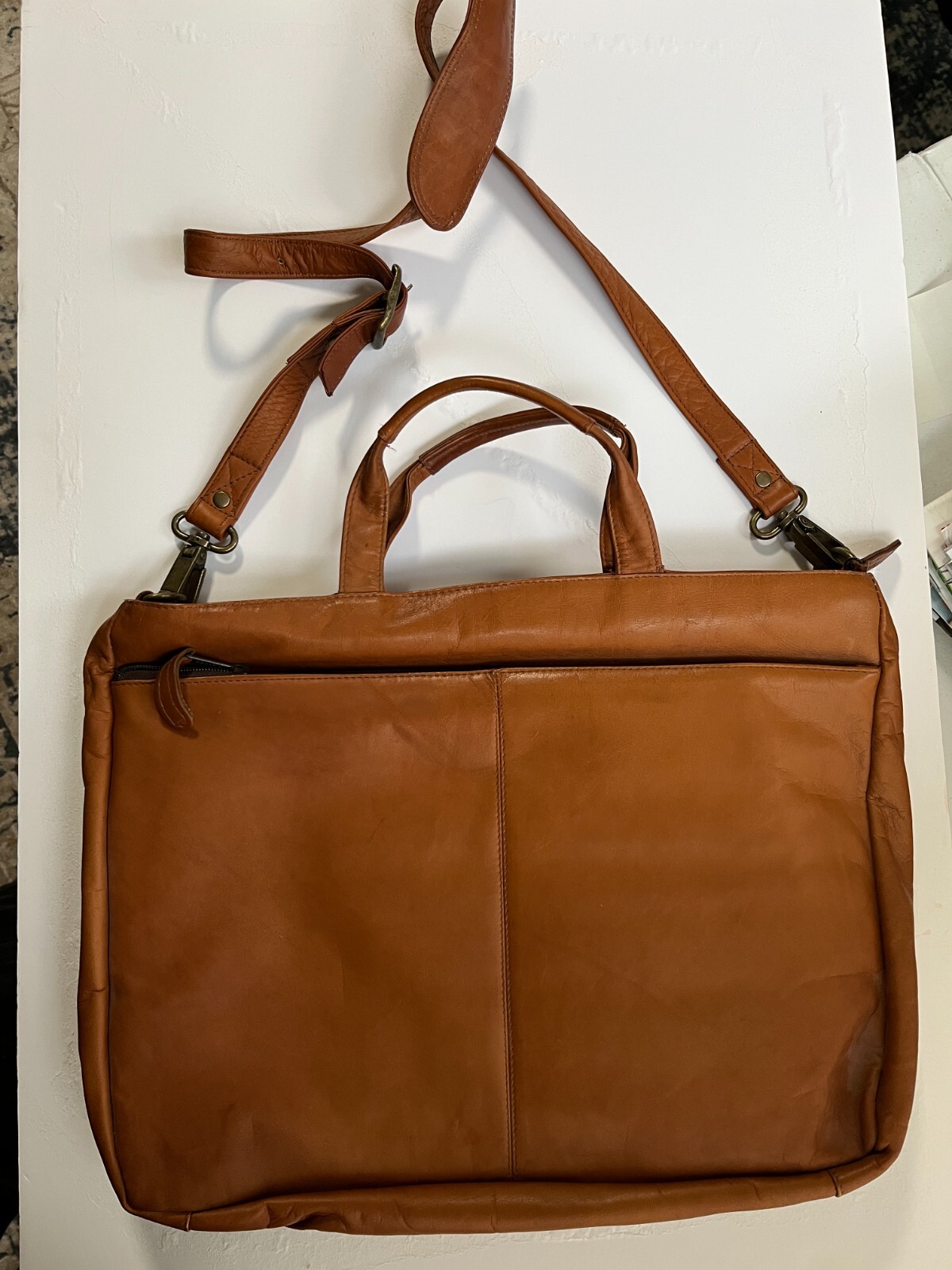 LATICO Caramel Leather Brief Case Zip Business Bag Unisex Crossbody and Handles