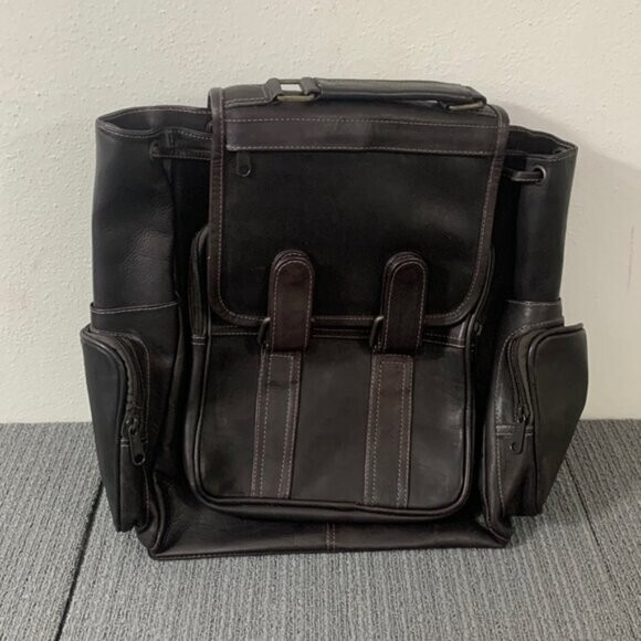 Large Leather Backpack Top Handle Drawstring Travel Dark Brown Double Loop Flap