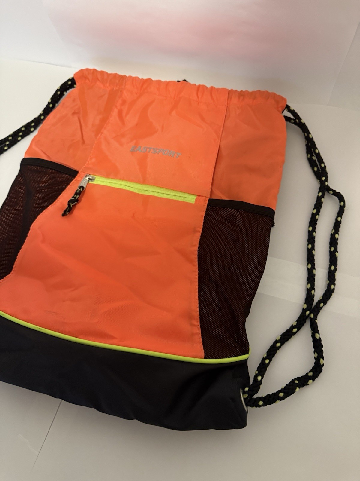 Eastsport Drawstring Backpack Front Zip Pocket Mesh Side Pockets Sports Athletic