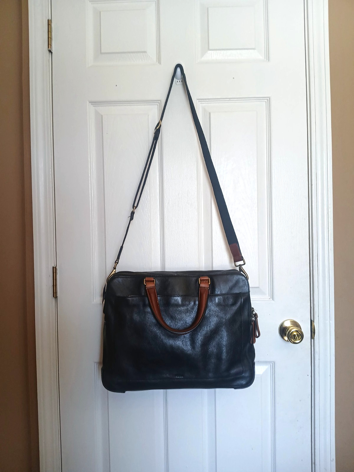 Fossil Defender Double Zip Black Leather Briefcase Document Case Men Black