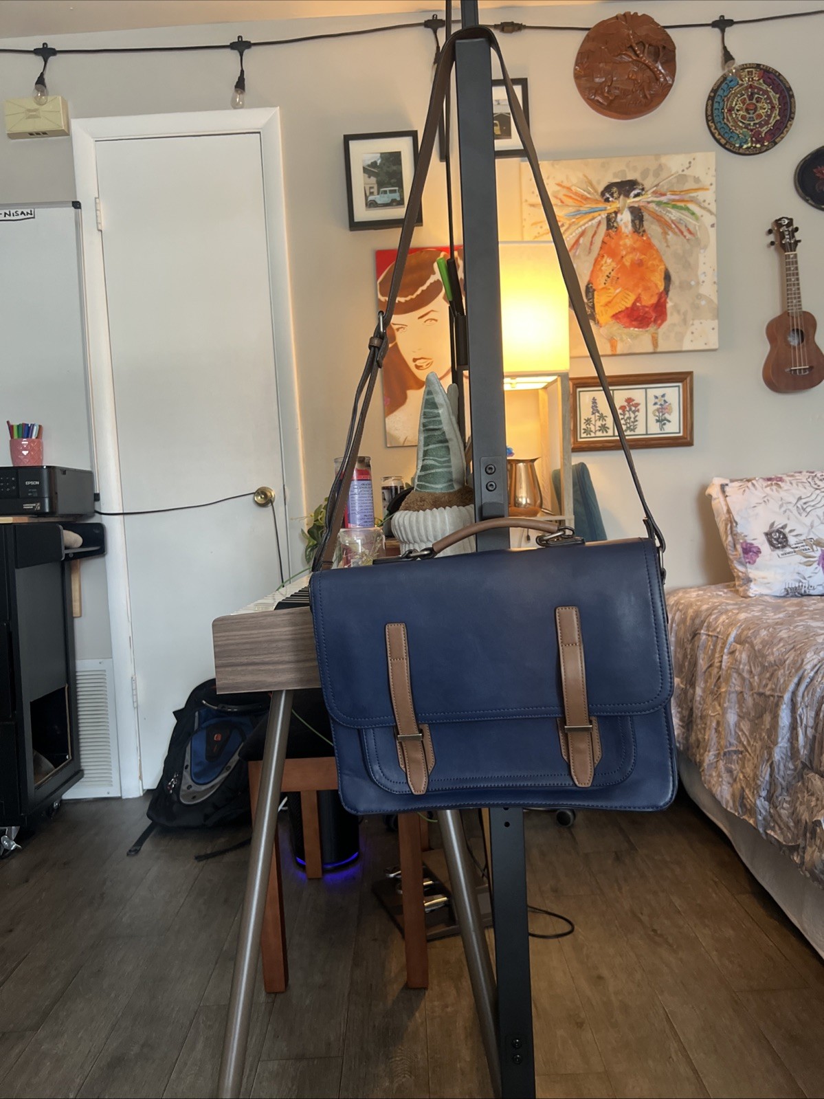 ALDO Laptop Briefcase Navy Blue Brown Faux Leather Satchel Messenger Bag