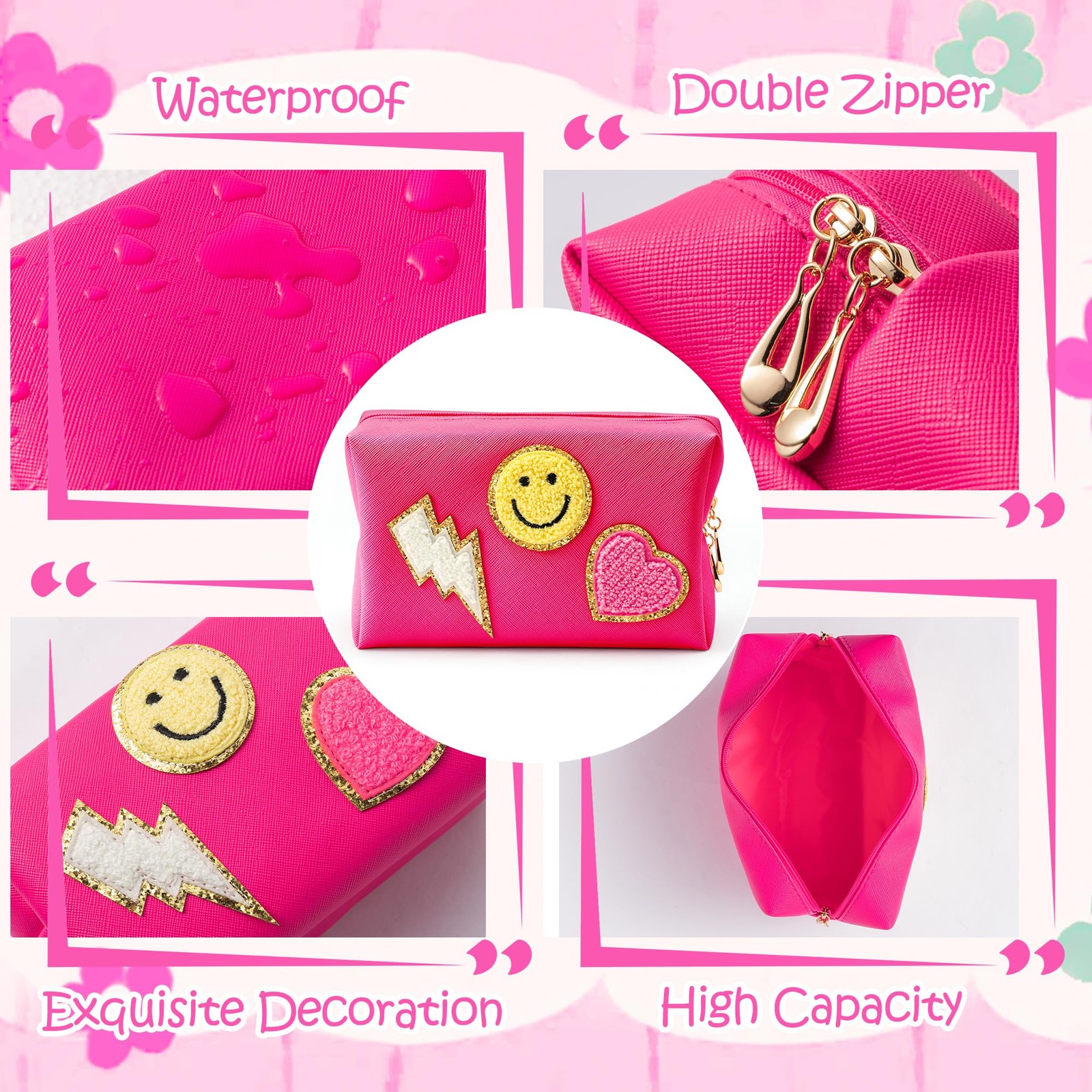 LieToi Preppy Patch Small Toiletry Bag, Smile Lightning Heart Small, Rose Red