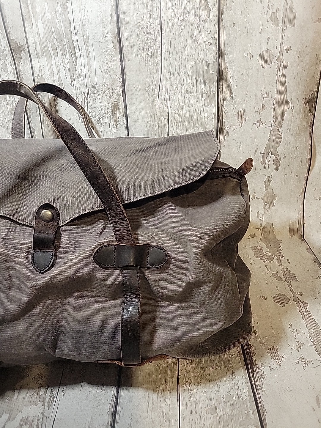 S-ZONE Distressed Gray Canvas Duffle Bag Brown Leather Trim Travel Bag NO STRAP