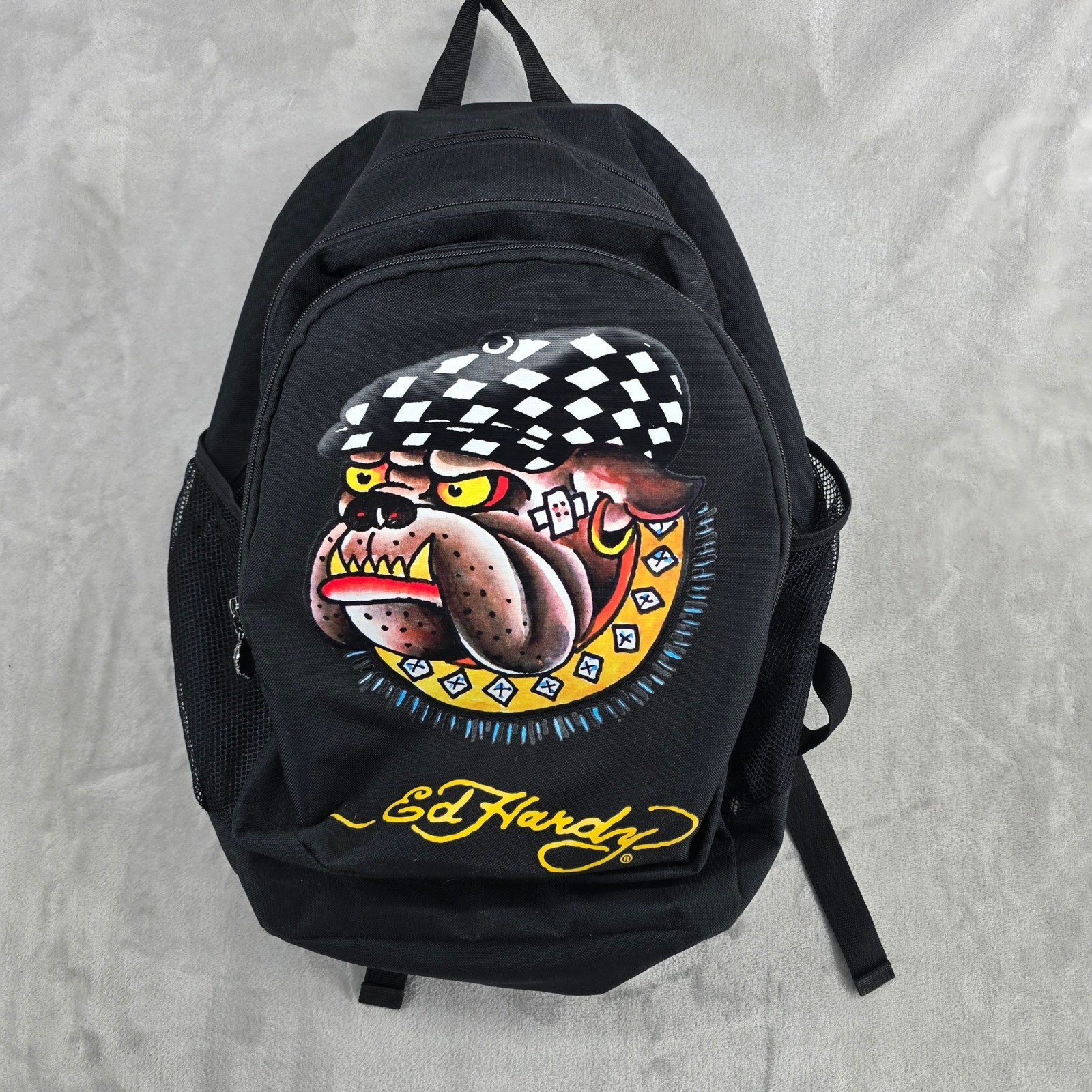 Ed Hardy Bulldog Checker Hat Backpack Black Y2K Graphic Skull Zipper Pull