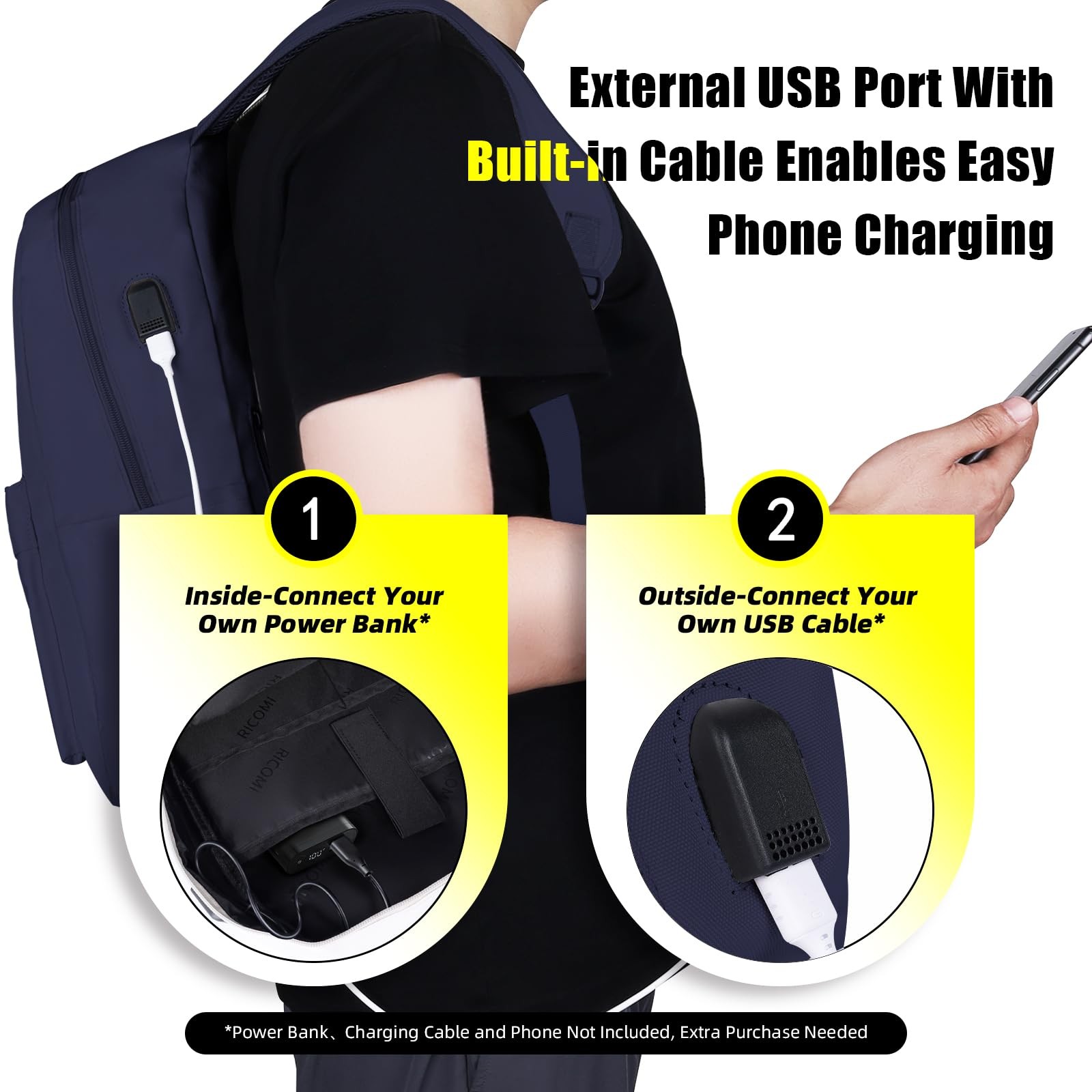 Lightweight Laptop Backpack USB Charging Port 15.6 Inch Navy Blue Bag
