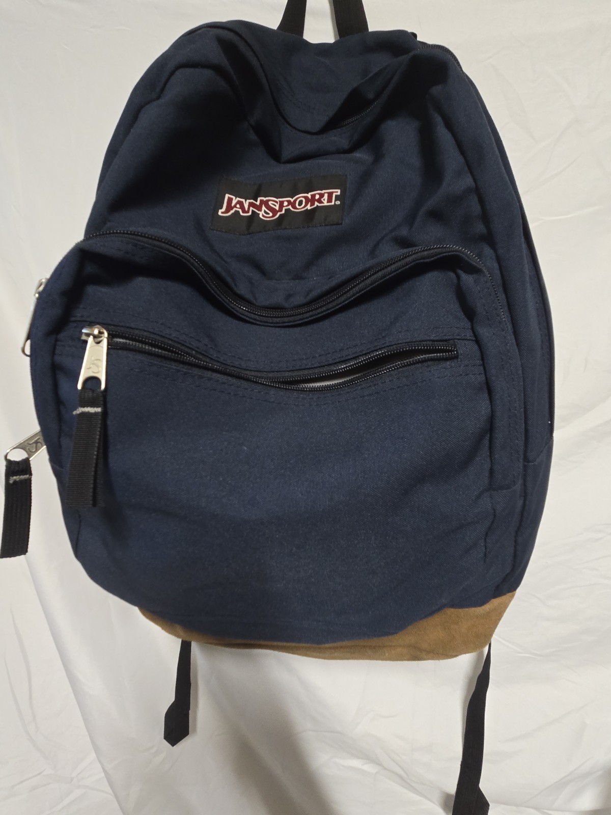 Jansport Backpack Navy Blue Suede Leather Bottom Retro Travel School Hiking Bag