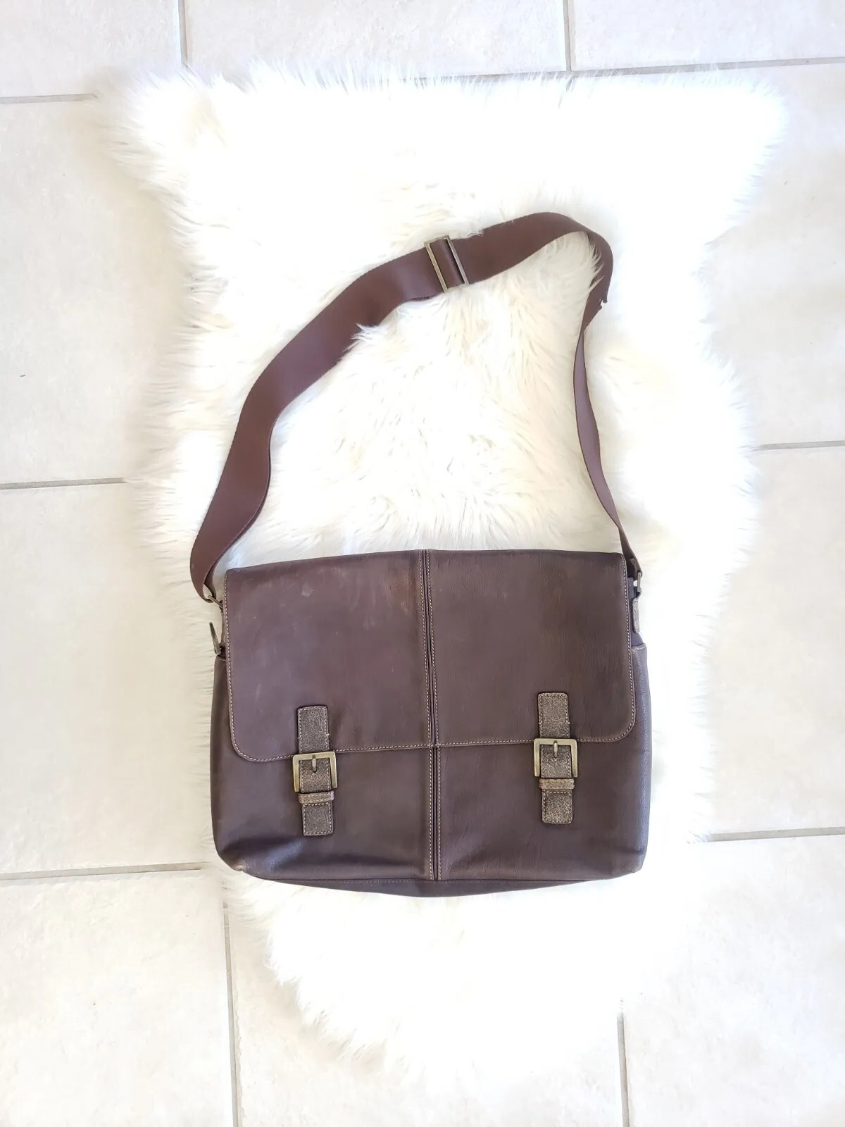 🌺Boconi Brown Leather Garth Slim Mailbag Men Messenger Laptop Crossbody Bag