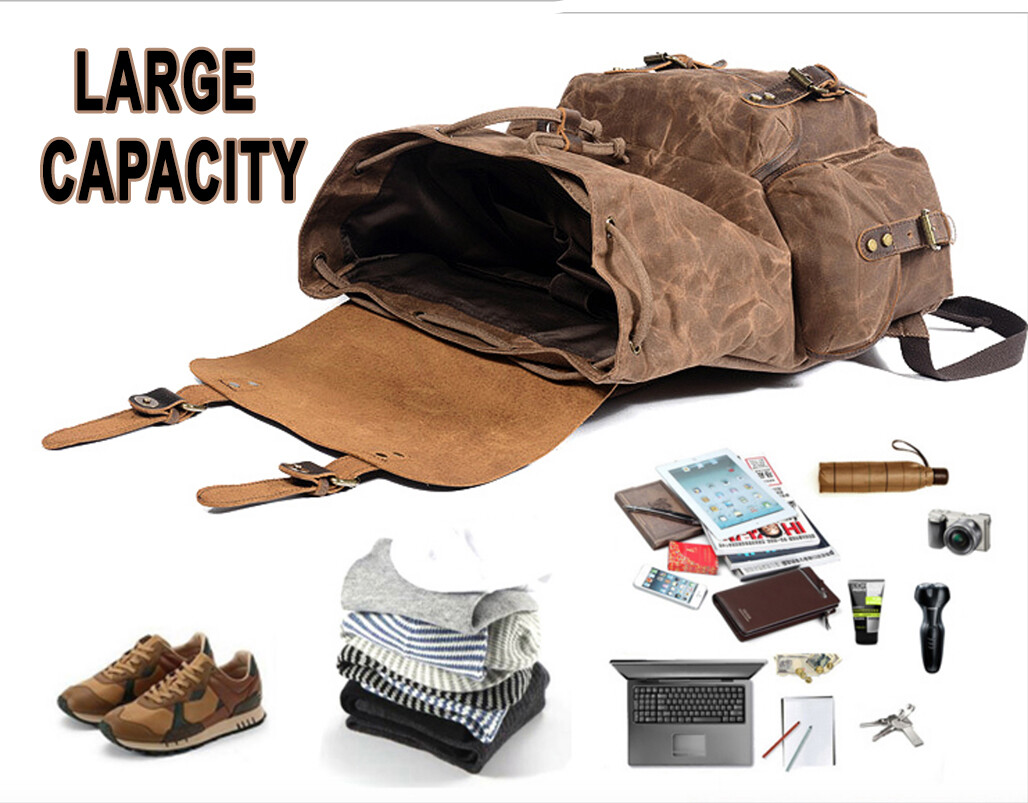 Men Waxed Canvas Leather Backpack Travel Rucksack Camping Hiking School Book Bag
