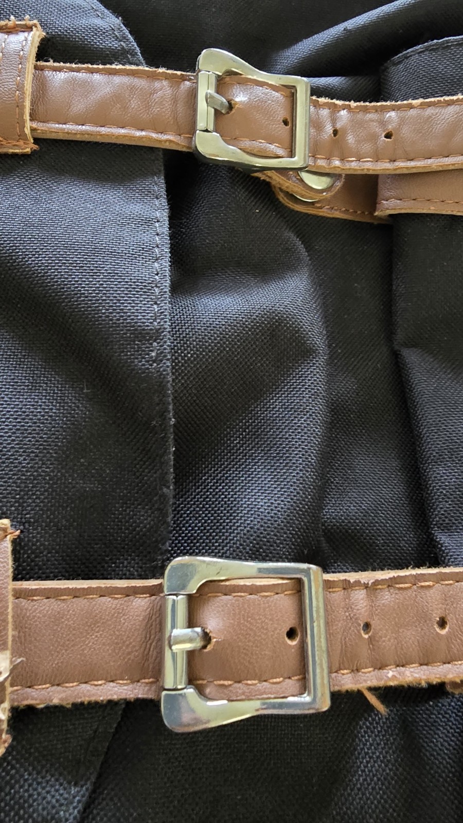 Herschel Backpack Black, Brown Straps, Red/White Striped Interior Large Flap Bag
