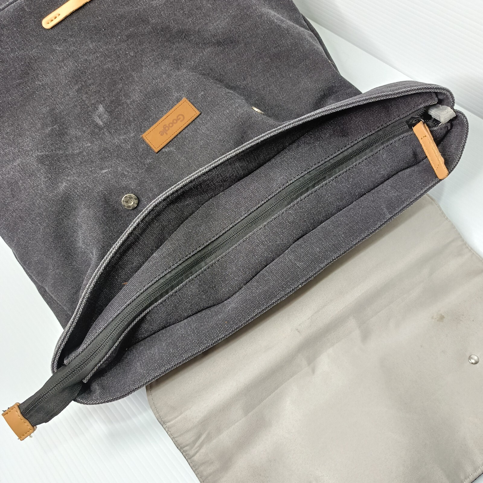 Google Backpack Bag Padded Laptop Grey Canvas Magnetic Snap Button Zip Flawed