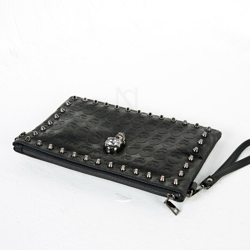 NewStylish Crystal skull studded leather clutch bag