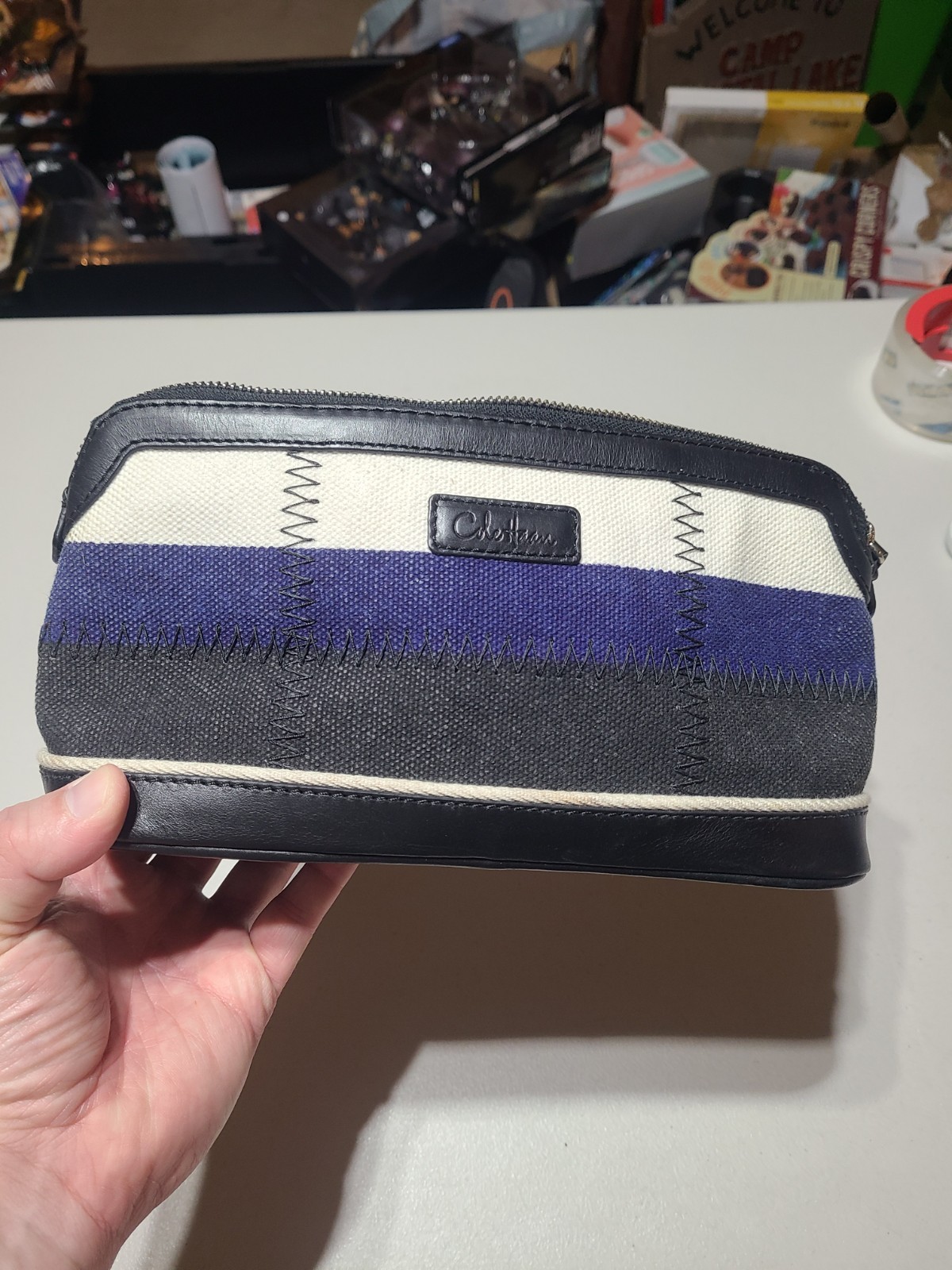 Cole Haan Black Blue White Stripe Fabric & Leather Travel Toiletry Dopp Kit Bag