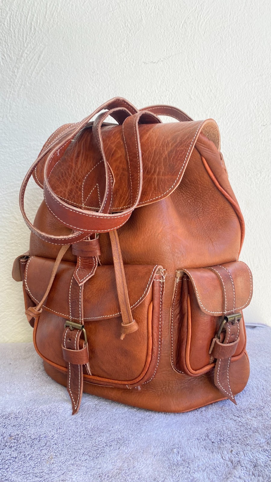 Cognac Leather Backpack Handmade Morocco Belt Buckle Front Back Pocket