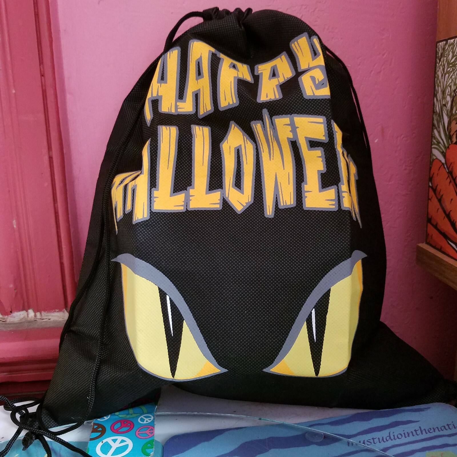 Drawstring Backpack Bag Waterproof Sport School Gym Black Happy Halloween