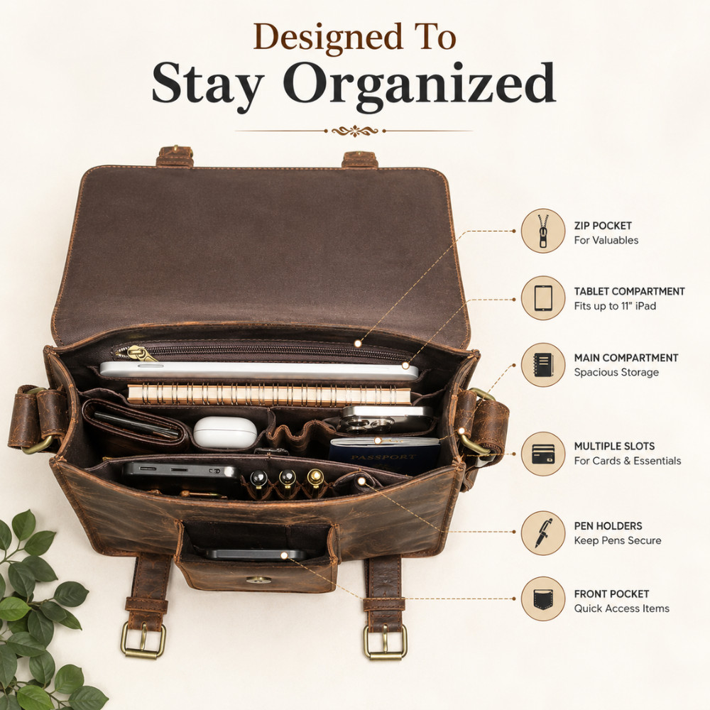 11″ Buffalo Leather Sling Bag Men’s Dark Brown Crossbody Messenger Bag for iPad
